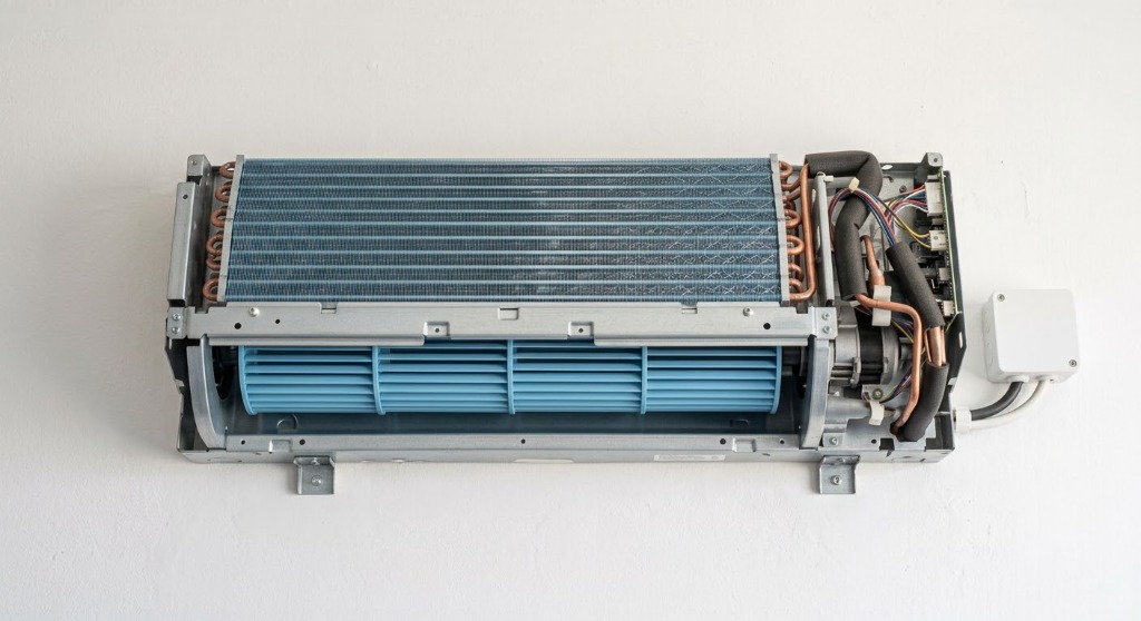 O mesmo ar-condicionado Split Hi Wall após higienização técnica profunda, com serpentina e turbina totalmente limpas